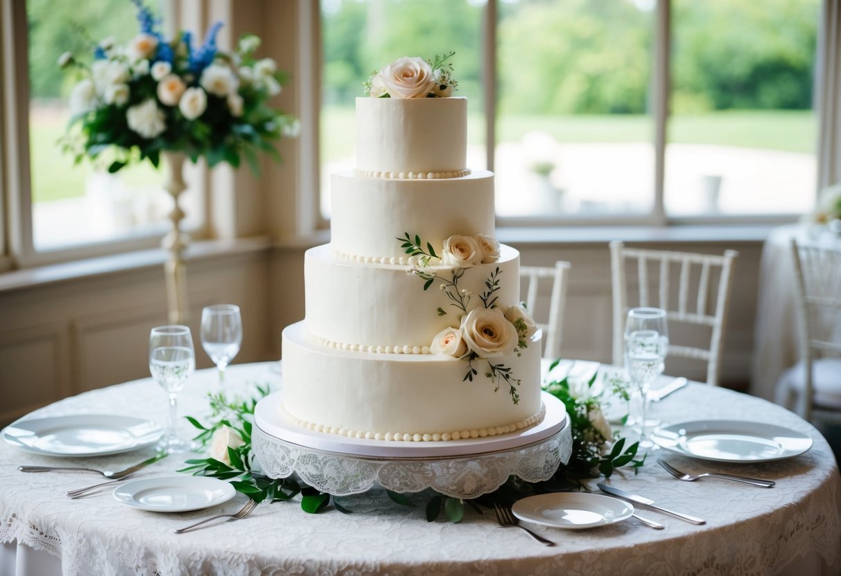 A three-tiered wedding cake with classic white frosting and a delicate floral design sits atop a lace-covered table, surrounded by elegant tableware and fresh flowers