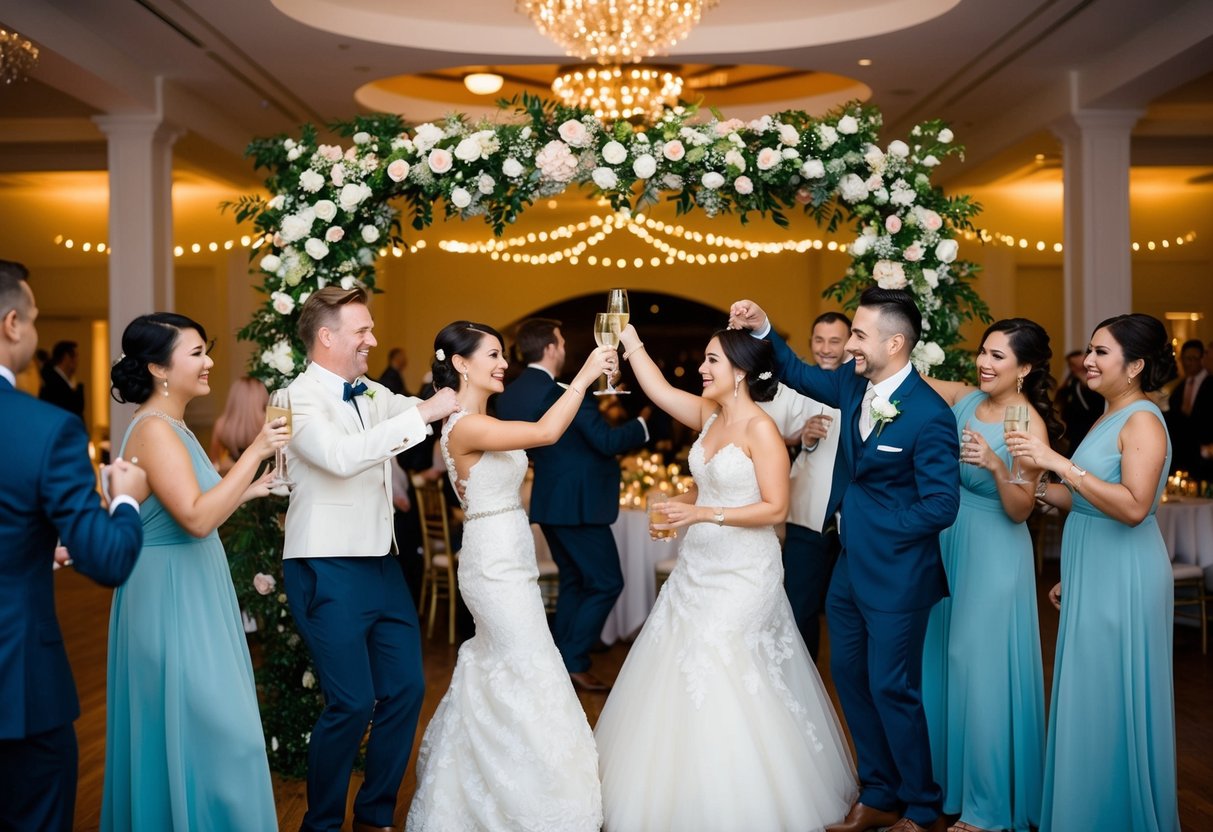 A festive wedding scene with dancing, dining, and toasting, set in a beautiful venue with floral decorations and twinkling lights