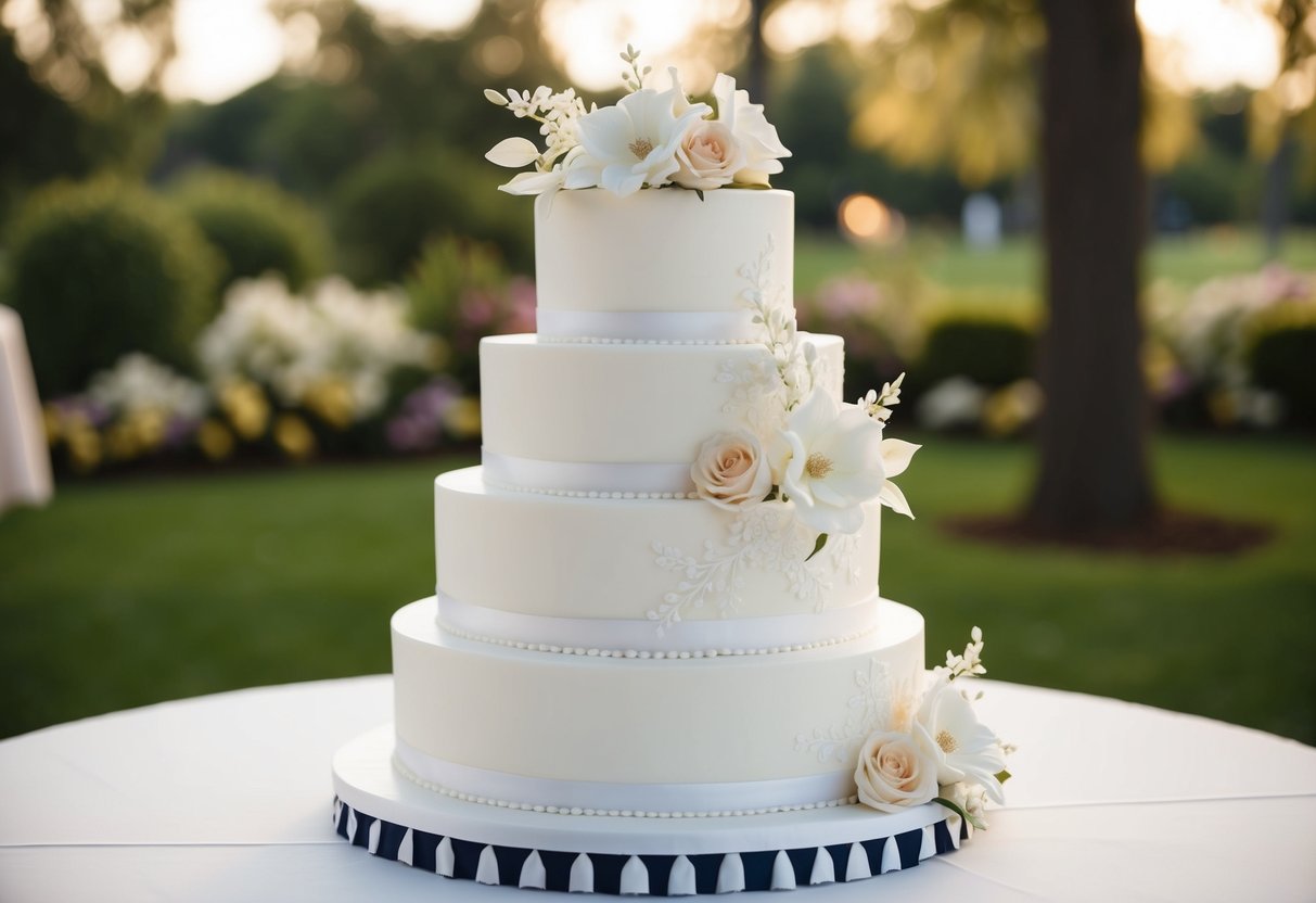 A three-tiered white wedding cake with intricate floral decorations and a classic vanilla flavor