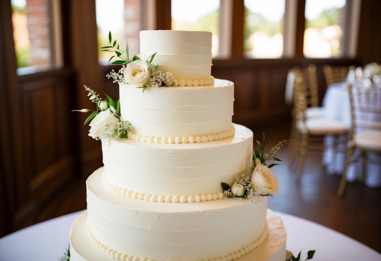 A tiered wedding cake with white frosting and a classic vanilla flavor, adorned with delicate floral decorations
