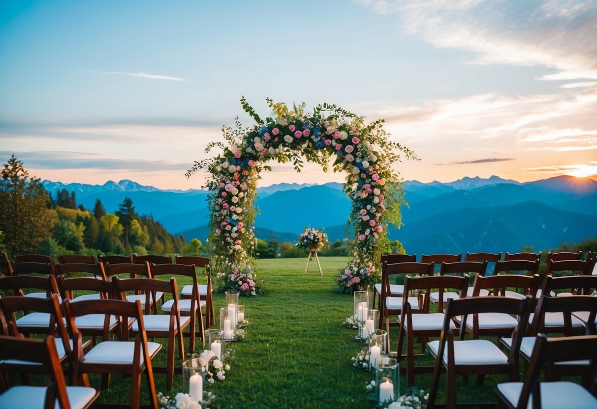 A vibrant outdoor wedding ceremony with a floral arch, rows of chairs, and a picturesque backdrop of mountains and a setting sun