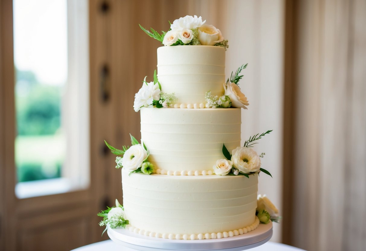 A three-tiered vanilla wedding cake adorned with fresh flowers and delicate icing details