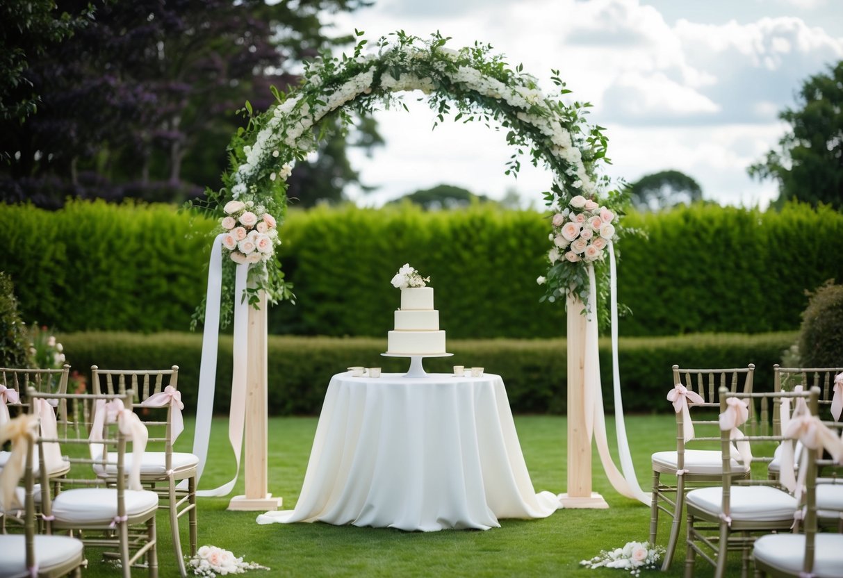 A decorative wedding arch stands in a lush garden, surrounded by chairs and adorned with flowers and ribbons. A table displays a simple yet elegant wedding cake