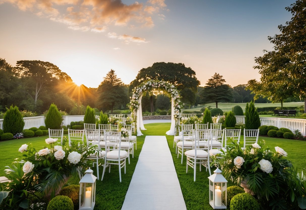 A picturesque outdoor wedding venue with lush greenery, elegant seating, and a romantic archway adorned with flowers. The sun is setting, casting a warm glow over the scene
