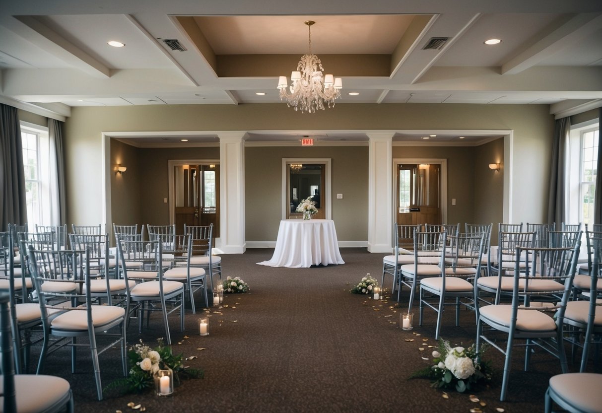 An empty wedding venue with scattered chairs and untouched decorations, hinting at a skipped ceremony