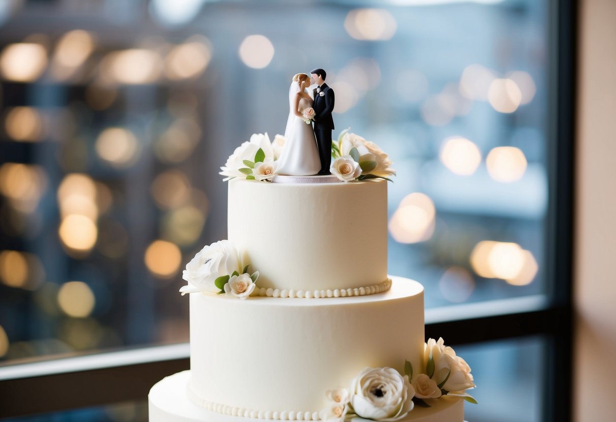 A three-tiered white wedding cake adorned with intricate sugar flowers and topped with a miniature bride and groom figurine