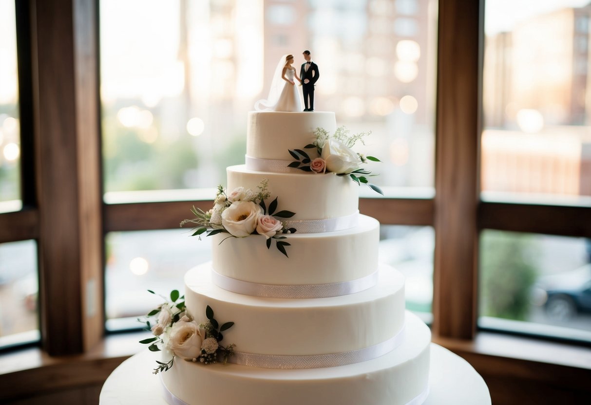 A tiered white wedding cake adorned with floral decorations and a miniature bride and groom figurine on top