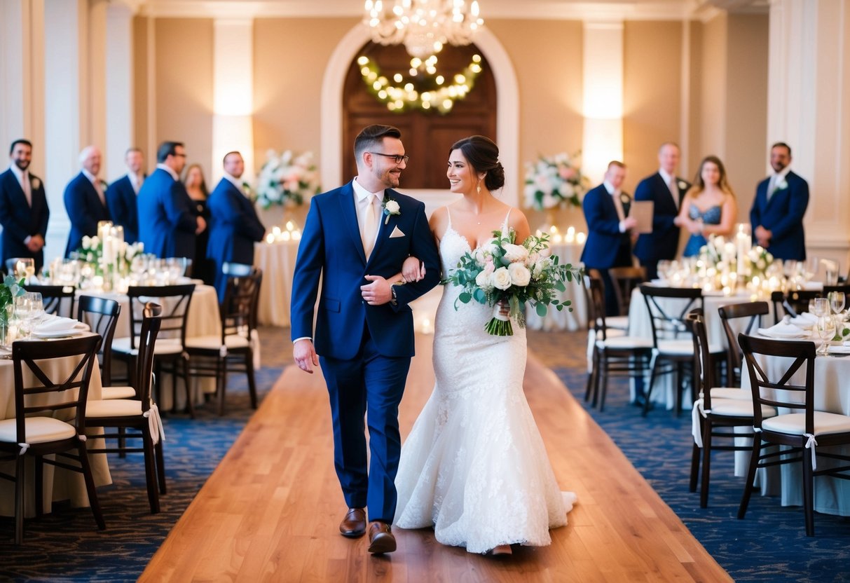 A couple walks through a beautifully decorated reception hall, with tables set for a celebration. The room is filled with flowers, candles, and elegant decor