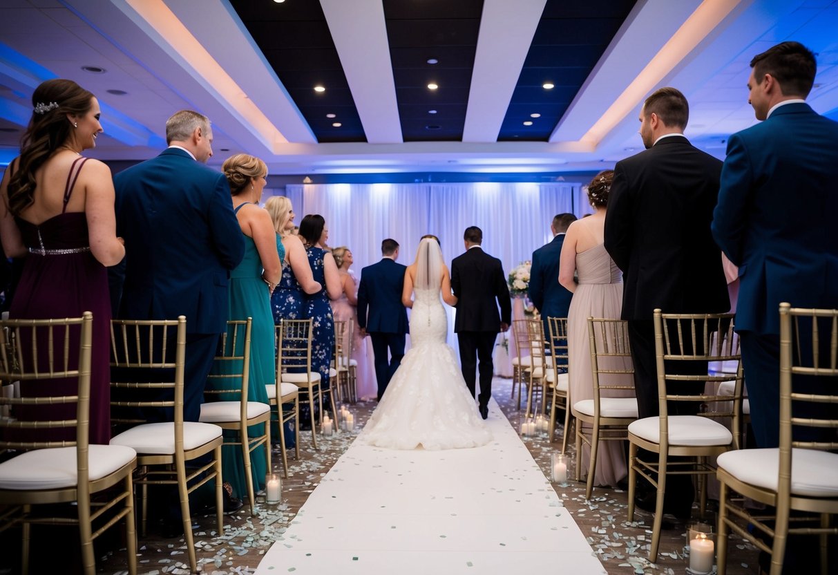 Guests departing wedding reception. Empty chairs, dimming lights, scattered confetti