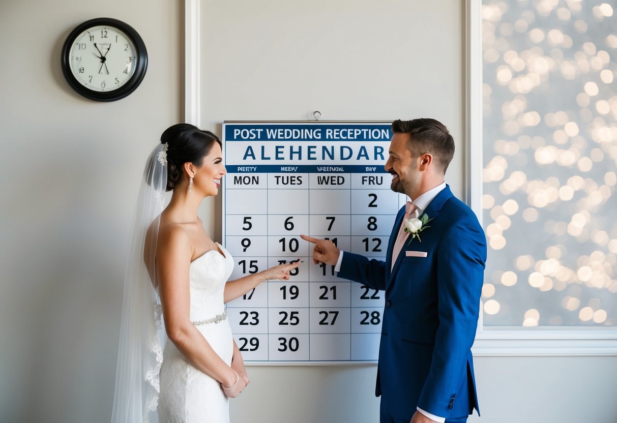 A bride and groom stand in front of a calendar, pointing to a date for their post-wedding reception. A clock on the wall shows the passing of time