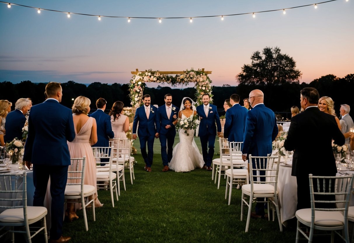 Guests exiting wedding venue, evening sky, twinkling lights, floral decorations, empty chairs, and tables, indicating the end of the reception