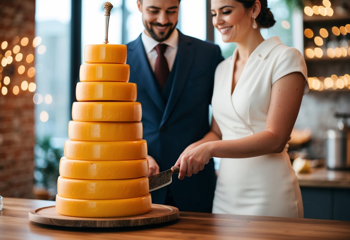 A couple cutting a tiered tower of cheese wheels with a decorative knife