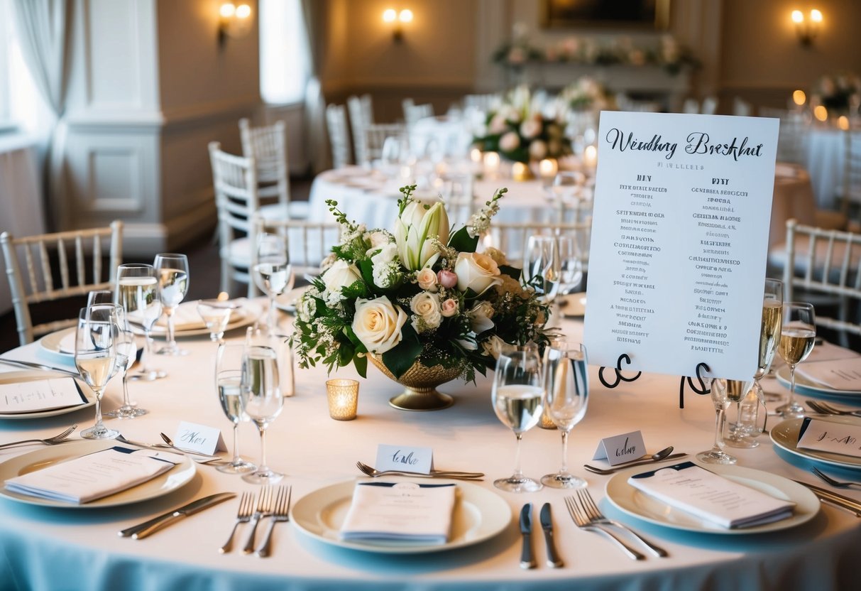 A table set with elegant place settings, surrounded by beautiful floral centerpieces, with a seating chart indicating the names of the wedding breakfast invitees