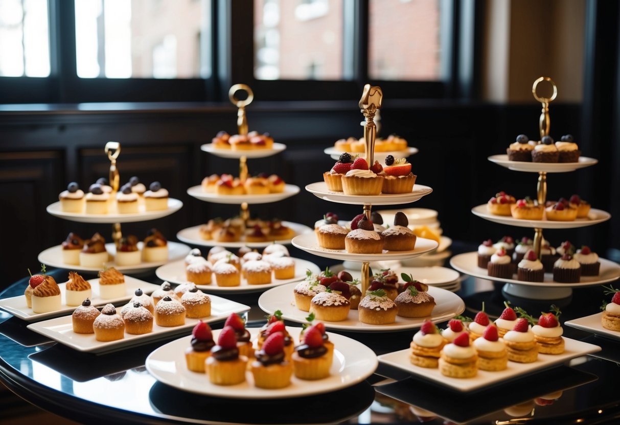 A table adorned with an array of decadent single-serve desserts and pastry selections, elegantly displayed on tiered stands and platters