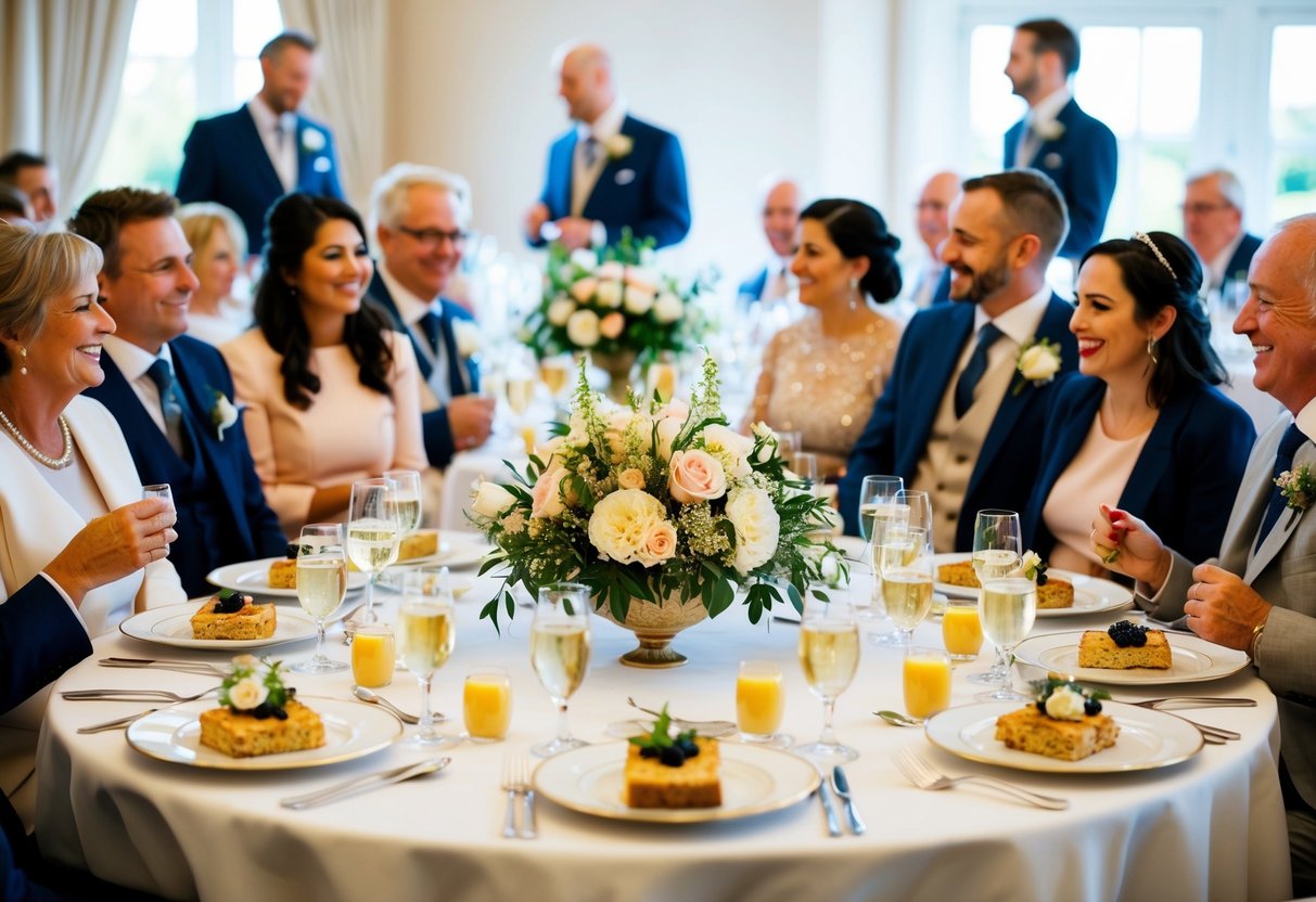 A beautifully set table with elegant place settings and floral centerpieces, surrounded by happy guests enjoying the wedding breakfast