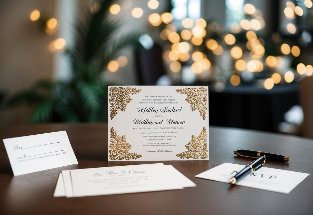 A beautifully decorated wedding invitation sitting on a table, surrounded by a pen, and a blank RSVP card