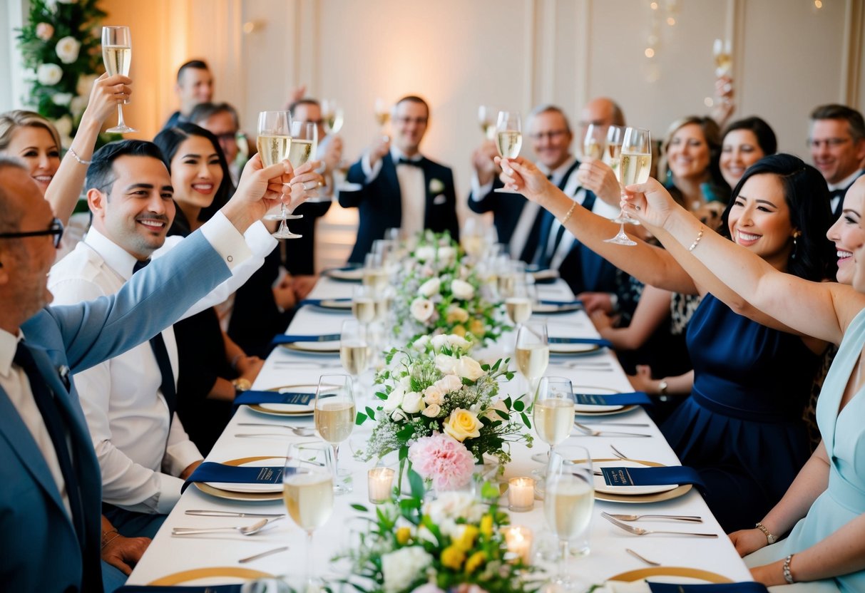 A long table set with elegant place settings and fresh flowers, surrounded by joyful guests raising their glasses in celebration