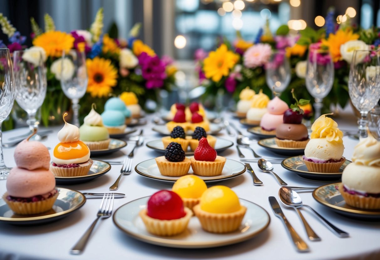 A table set with an array of chilled desserts, including sorbets, fruit tarts, and ice cream sundaes, surrounded by colorful floral arrangements and sparkling glassware
