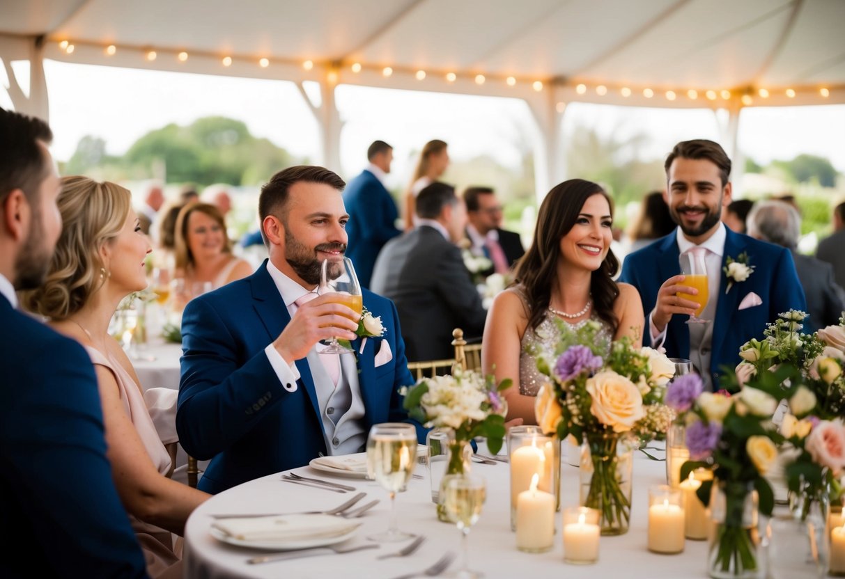 Guests mingle at a wedding, sipping drinks and chatting. Tables are adorned with flowers and candles, creating a warm and inviting atmosphere