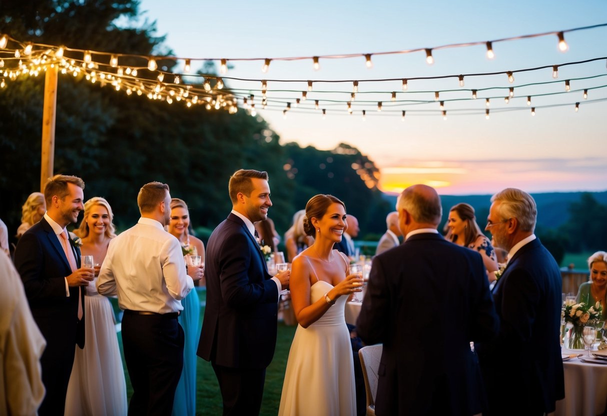Guests mingling under a canopy of twinkling lights, enjoying drinks and conversation as the sun sets over a picturesque outdoor wedding venue