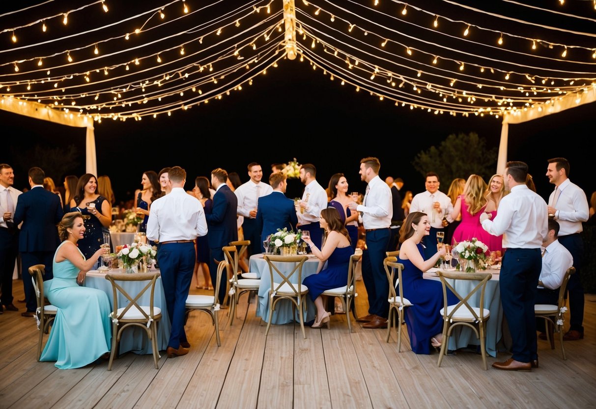 Guests mingle under a canopy of twinkling lights, sipping cocktails and chatting. Some sit at tables adorned with flowers, while others dance on the open-air dance floor