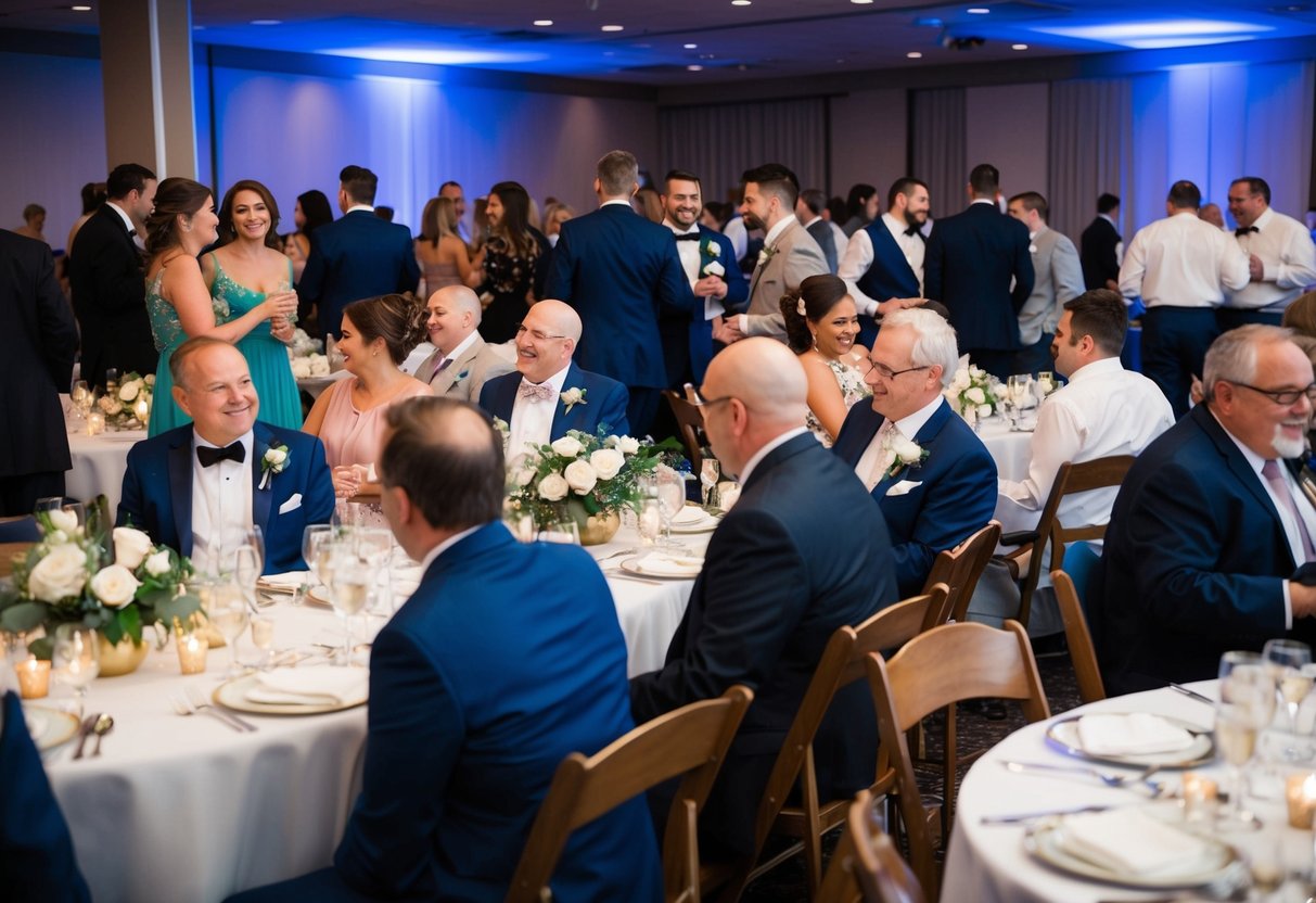 Guests mingle, some seated at tables, others standing in small groups. Decorations and centerpieces adorn the space, and a dance floor is visible in the background