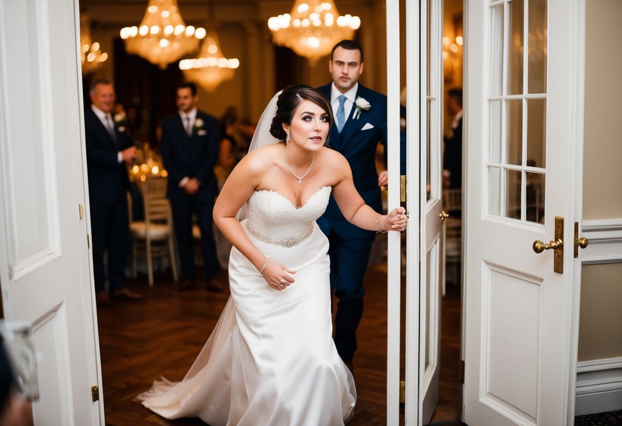 A bridesmaid slipping out of a grand wedding reception, glancing back nervously as she heads for the exit