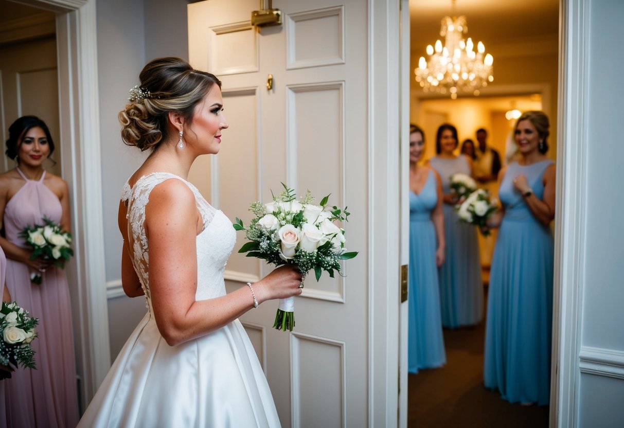 A bridesmaid hesitates at the exit, glancing back at the wedding party before slipping out the door