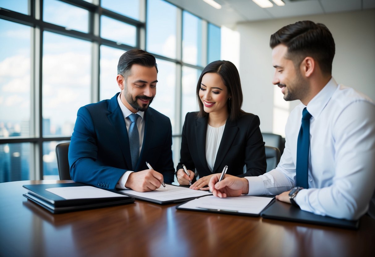 A couple signing legal documents with a lawyer present in a law office