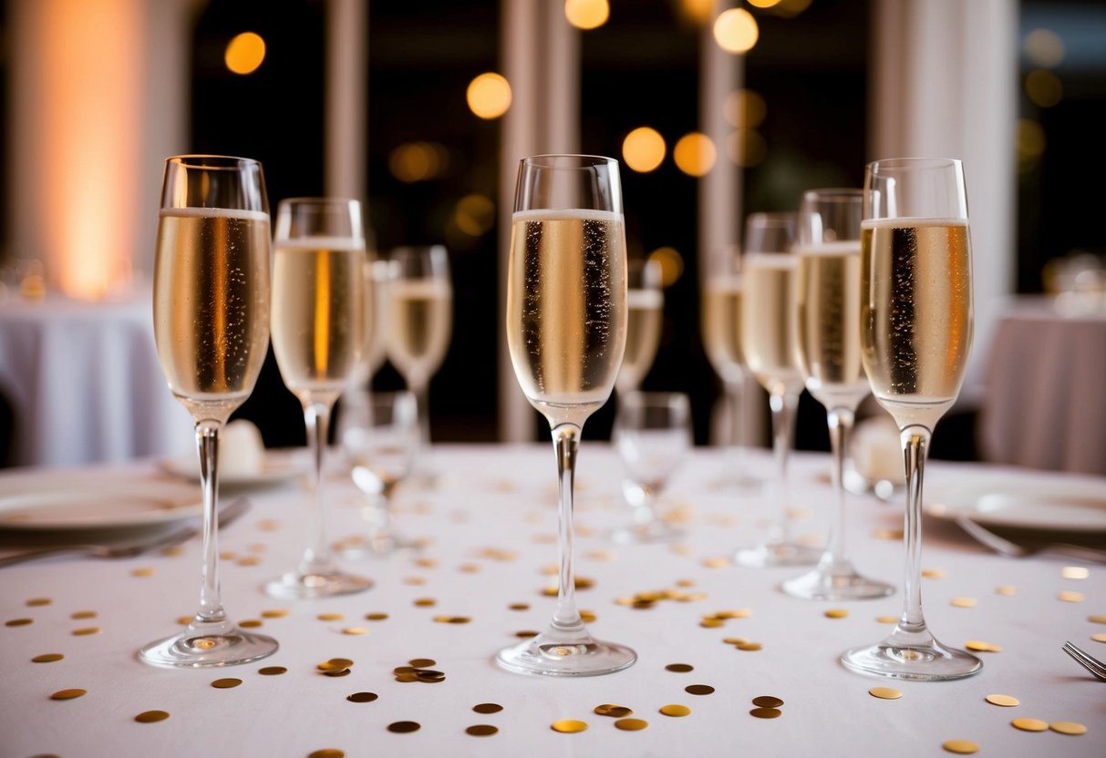 Empty champagne glasses and scattered confetti on tables at a wedding reception