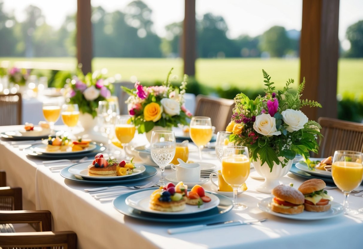 A sunny outdoor brunch setting with a table adorned with elegant place settings, floral centerpieces, and a variety of breakfast and lunch options