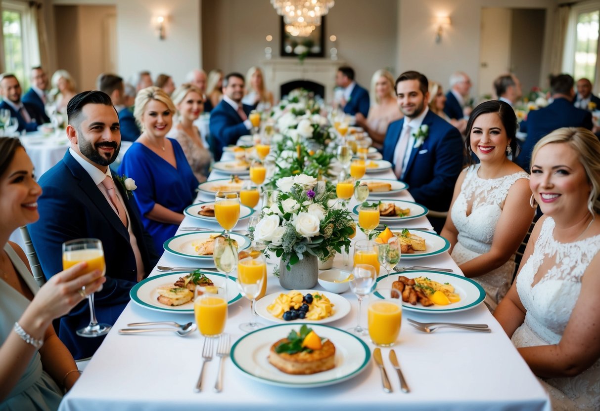 A table set with a variety of brunch dishes and drinks, surrounded by chairs and filled with guests enjoying a leisurely post-wedding meal