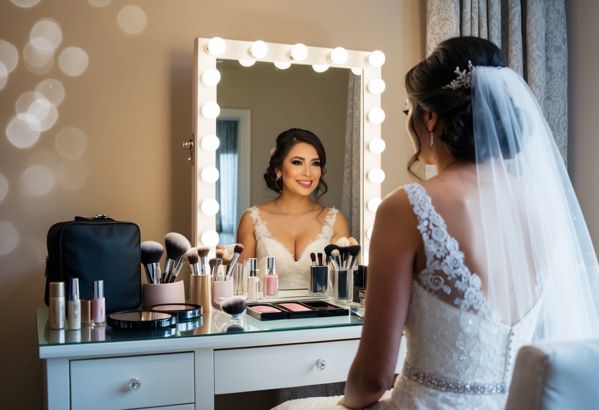 A bride sits at a vanity, surrounded by makeup and hair accessories, as she gets ready for her wedding day