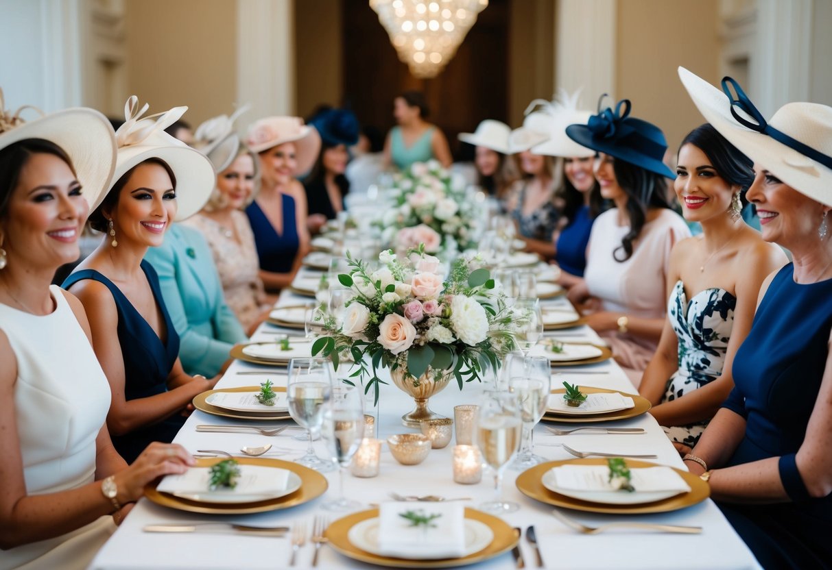 A table set with elegant place settings and floral centerpieces, surrounded by women in chic dresses and hats, enjoying a bridal luncheon