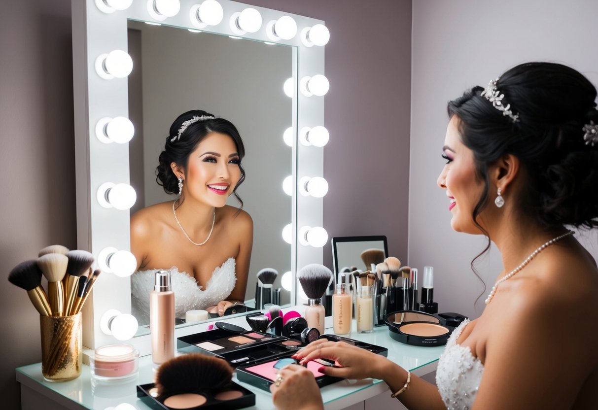 A bride sits at a vanity, surrounded by makeup, hair accessories, and a wedding gown. She gazes at herself in the mirror, a mix of excitement and nerves in her expression