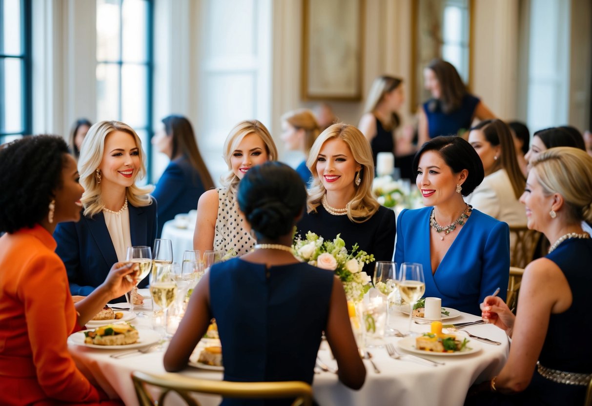 A group of women at a stylish luncheon, dressed in elegant and fashionable attire, chatting and enjoying a meal together