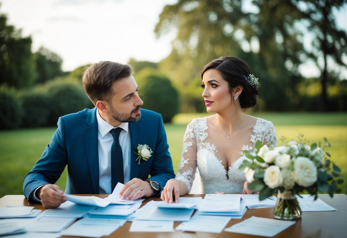 A couple sits at a table covered with receipts and spreadsheets, discussing wedding expenses with a concerned look on their faces
