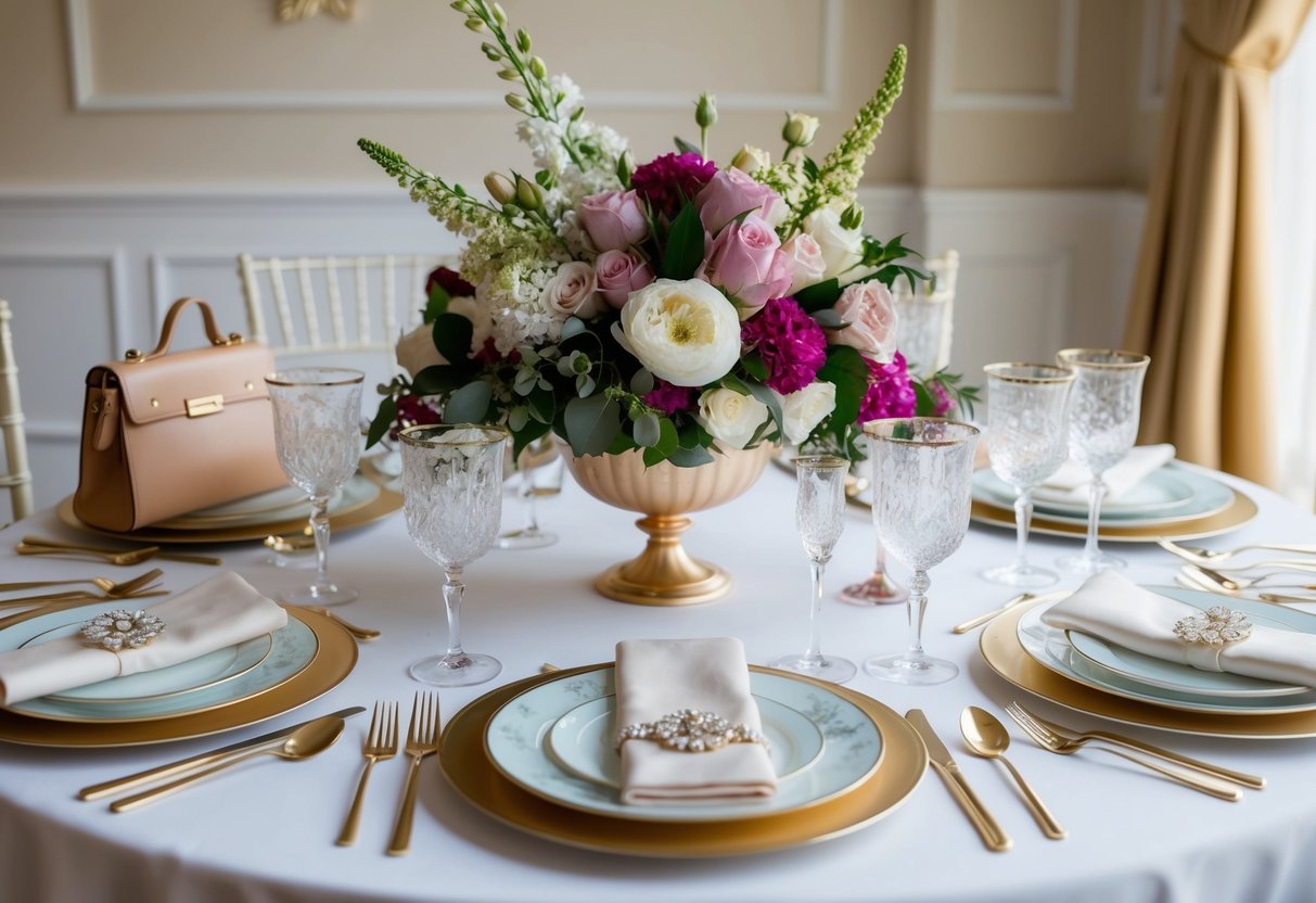 A table set with elegant place settings, adorned with floral centerpieces and delicate china. A selection of stylish accessories laid out, including jewelry and handbags