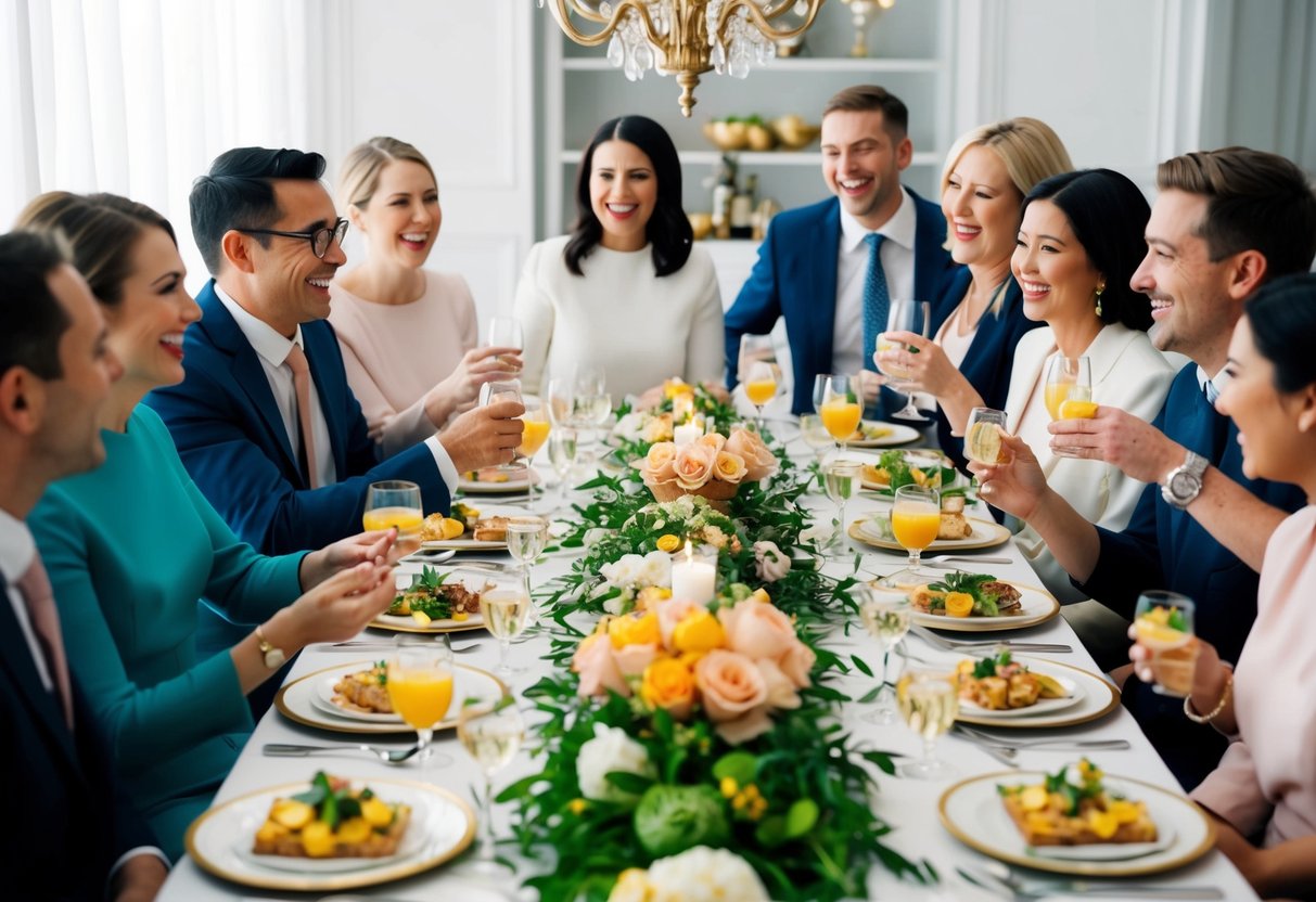 A table set with elegant decorations and a spread of food and drinks, surrounded by happy chatter and laughter