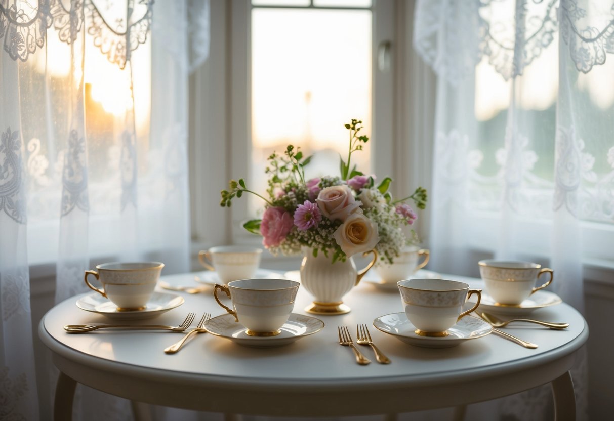 A table set with delicate teacups, pastries, and flowers, bathed in soft morning light filtering through lace curtains