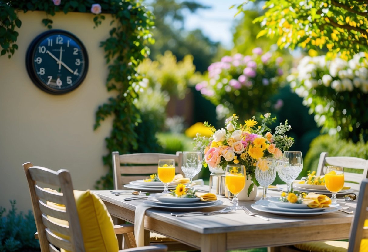 A sunny garden with a table set for brunch, decorated with flowers and elegant place settings. A clock on the wall reads 11 am