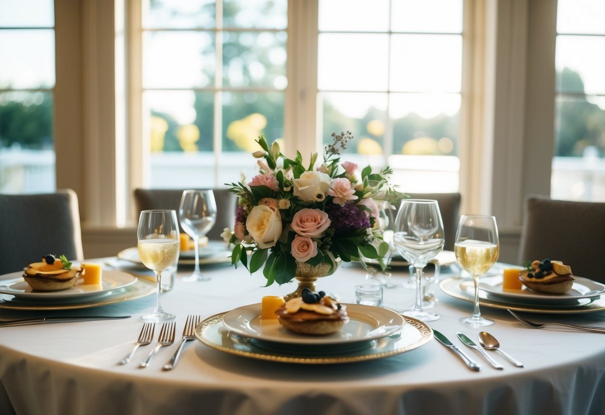 A table set with elegant brunch dishes and floral centerpieces, sunlight streaming through a window, indicating a mid-morning event