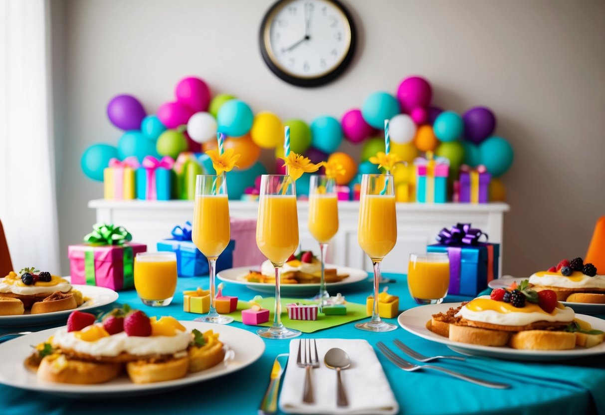A table set with brunch foods and mimosas, surrounded by colorful decorations and wrapped gifts. A clock on the wall reads 11 am