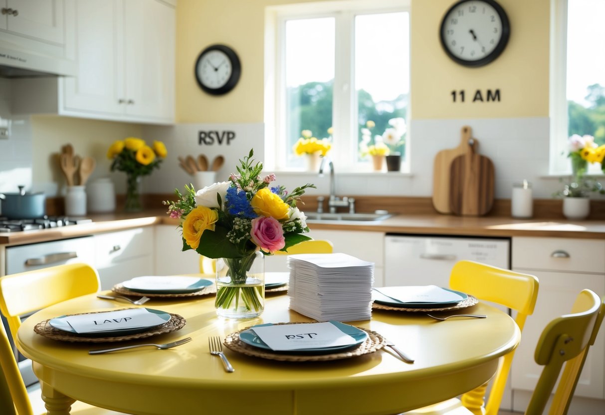 A bright, sunlit kitchen table set with floral decor and a stack of RSVP cards. A clock on the wall reads 11 am