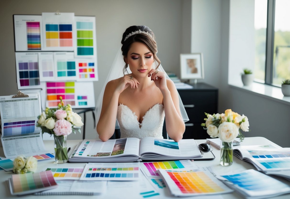 A bride sits at a desk covered in wedding magazines and spreadsheets, surrounded by color swatches and flower samples, deep in thought