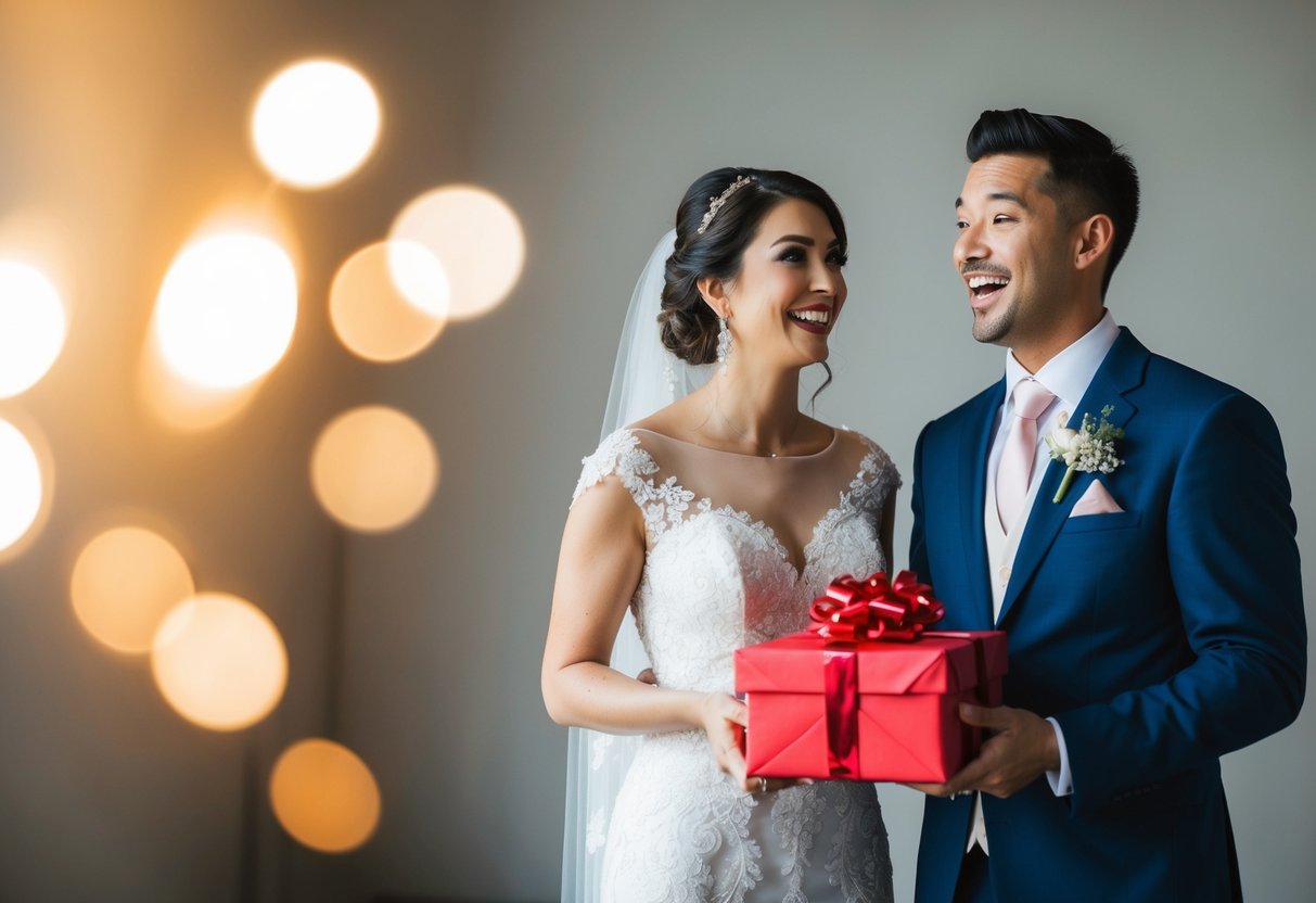A bride presents a wrapped gift to the groom, who looks surprised and delighted