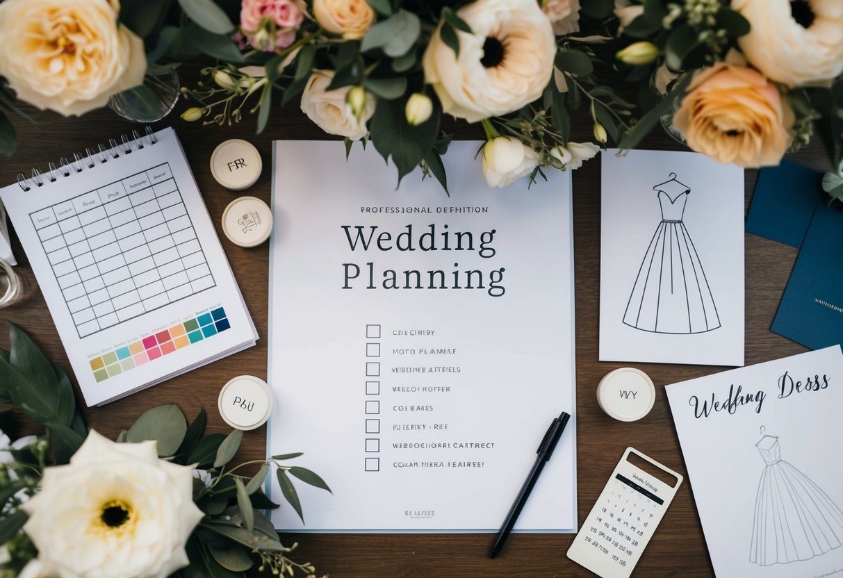 A table with wedding planning materials, including a checklist, calendar, and color swatches, surrounded by floral arrangements and a wedding dress sketch