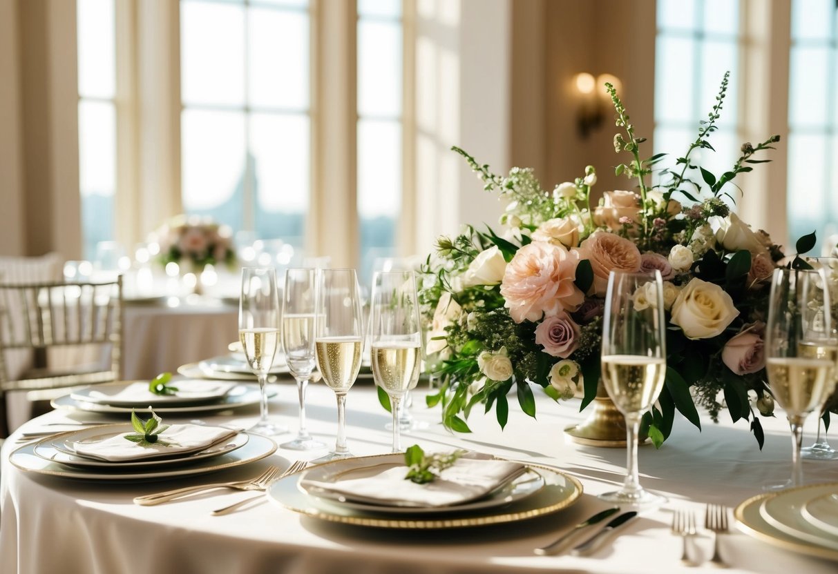 A table set with elegant dishes and champagne flutes, surrounded by floral centerpieces and soft sunlight streaming through large windows