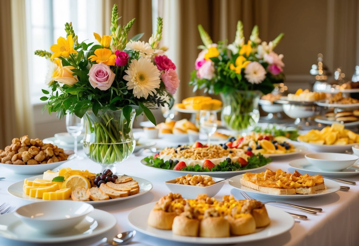 A beautifully set table with elegant place settings, fresh flowers, and a variety of breakfast and lunch foods spread out on a buffet