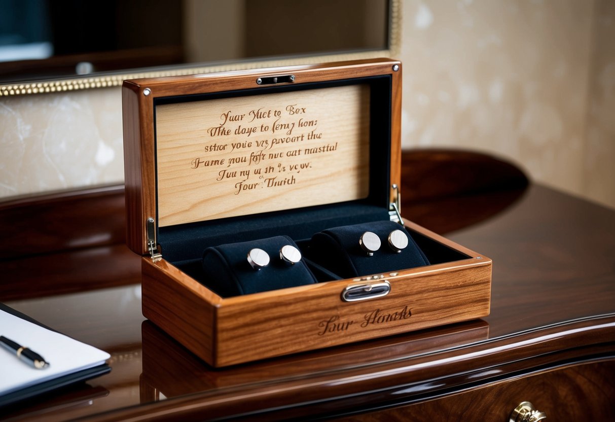 A wooden watch box sits on a polished dresser, with a personalized message engraved on the lid. A pair of cufflinks and a handwritten note are placed inside